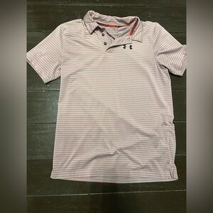 Under armour, YXL, collared golf shirt, red and gray stripes